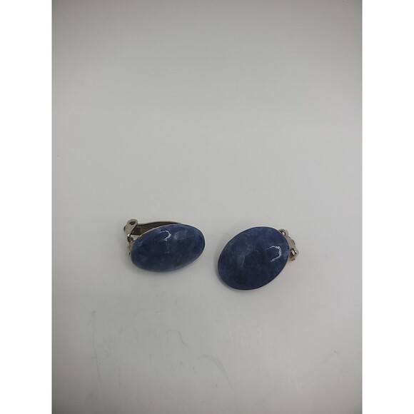 Vintage Earrings Clip On Sodalite Stone Gold Tone Jewelry Costume - Picture 8 of 13